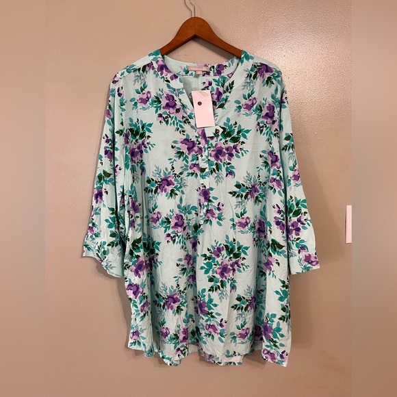 Women Within Floral Print Blue 3/4 Sleeve Women's Plus Top Blouse V Neck 2X NWT - Picture 1 of 11
